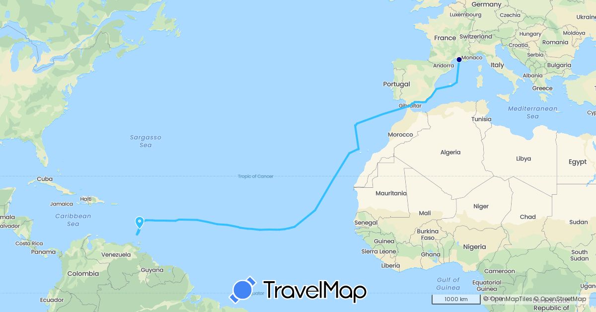 TravelMap itinerary: driving, boat in Cape Verde, Spain, France, Grenada, Gibraltar, Portugal, Saint Vincent and the Grenadines (Africa, Europe, North America)